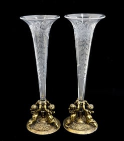 Pair Pairpoint Etched Cut Glass and Gilt Metal Cherub Trumpet  Vases circa 1930