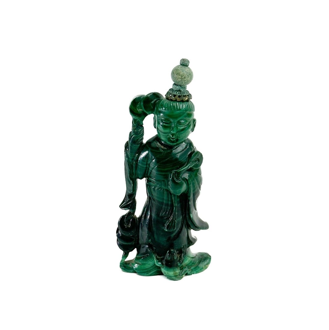Chinese Figural Guanyin Carved Malachite Snuff Bottle 19th century: Chinese Figural Guanyin Carved Malachite Snuff Bottle, 19th century. Carved figure with a staff. Metal stopper Weight approx., less than .5 lb Measures Approx., 1.25 inches x .5 inch x 2.75 inches tal