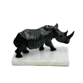 Black Wonderstone Carved Figurine of a Rhinoceros / Rhino White Marble Base