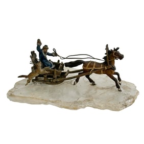 Stefan Buchinger Austrian Cold Painted Bronze Figurine Horse Drawn Sled Quartz