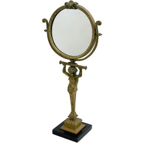 French Popon Gilt Bronze Figural Table Vanity Mirror Putti Stone Base circa 1900