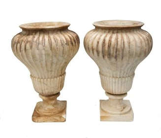Pair Italian 19th Century Carved White Marble Footed Urns