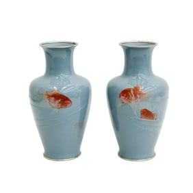 Pair Ando Jubei Japanese Moriage Enamel Vases Goldfish Meiji period