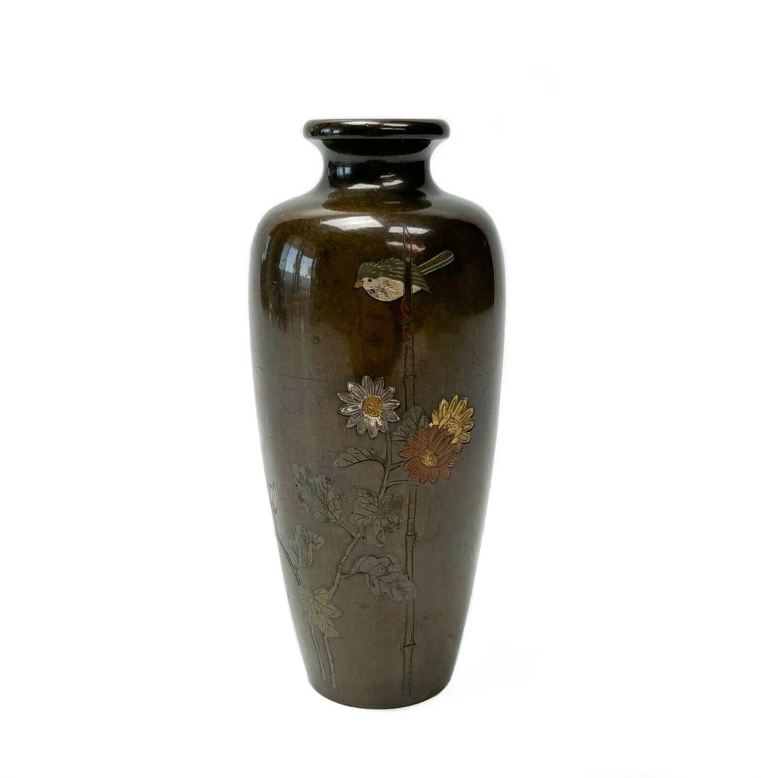 Japanese Mixed Metals Bronze Miniature Vase with Florals and Bird (1 of 5)