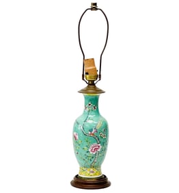 Chinese Blue Enameled Porcelain Vase Mounted as a Lamp Florals and Birds