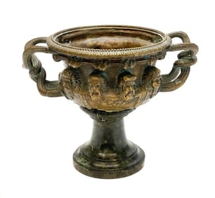 Continental Patinated Bronze and Marble Stem Twin Handled Cup. Early 20th Centur