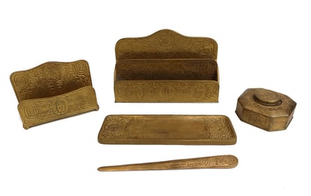 5 Piece Tiffany Studios New York Gilt Bronze Desk Set in Zodiac circa 1900