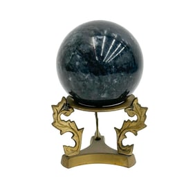 Continental Carved Black Stone Marble Sphere on Bronze Base circa 1930
