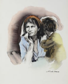 Sandu Liberman (Romanian 1923-1977) Watercolor on Paper Migrant Mother Signed