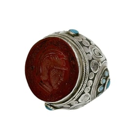 Tibetan Silver & Turquoise Signet Ring Seal Stamp with Carnelian Portrait 19th c