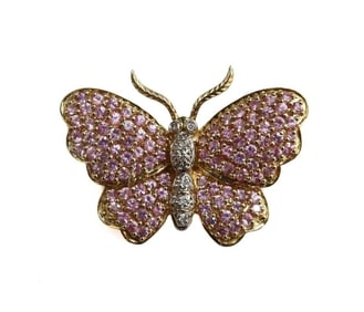 14k Yellow Gold Pink Sapphire and Diamond Butterfly Brooch Pin
