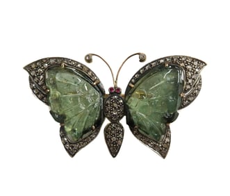 14k Yellow Gold Green Tourmaline Diamond and Ruby Butterfly Pin Brooch