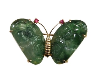 Gump's 14k Yellow Gold Carved Jade and Ruby Butterfly Brooch Pin
