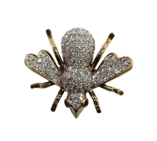 18k Yellow Gold Diamond and Ruby Fly Pin Brooch