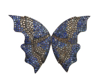 Silver Topped 14k Gold Blue Sapphire and Diamond Butterfly Pin Brooch