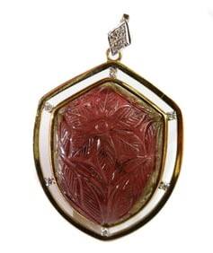 14k Yellow Gold Watermelon Tourmaline and Diamond Carved Necklace Pendant GIA