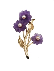 14k Yellow Gold Amethyst and Cultured Pearl Floral Pin Brooch