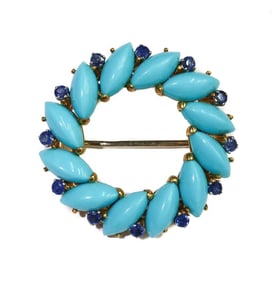 18k Yellow Gold Turqoise and Blue Spinel Round Brooch