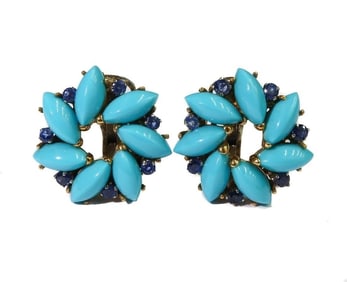 Pair 18k Yellow Gold Turquoise and Blue Spinel Clip Earrings