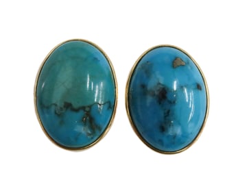 14k Yellow Gold and Cabochon Blue Hardstone or Synthetic Twist Back Earrings