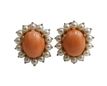 14k Yellow Gold Coral and Cultured Pearl Earrings