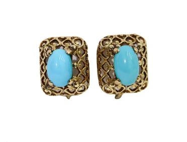 14k Yellow Gold and Cabochon Turquoise Twist Back Earrings