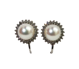 14k White Gold Cultured Pearl and Diamond Twist Back Earrings
