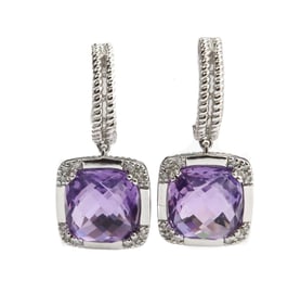 14k White Gold Pineapple Cut Amethyst and Diamond Earrings