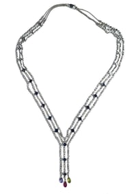 14k White Gold Diamond and Sapphire 3 Strand Y Drop  Necklace