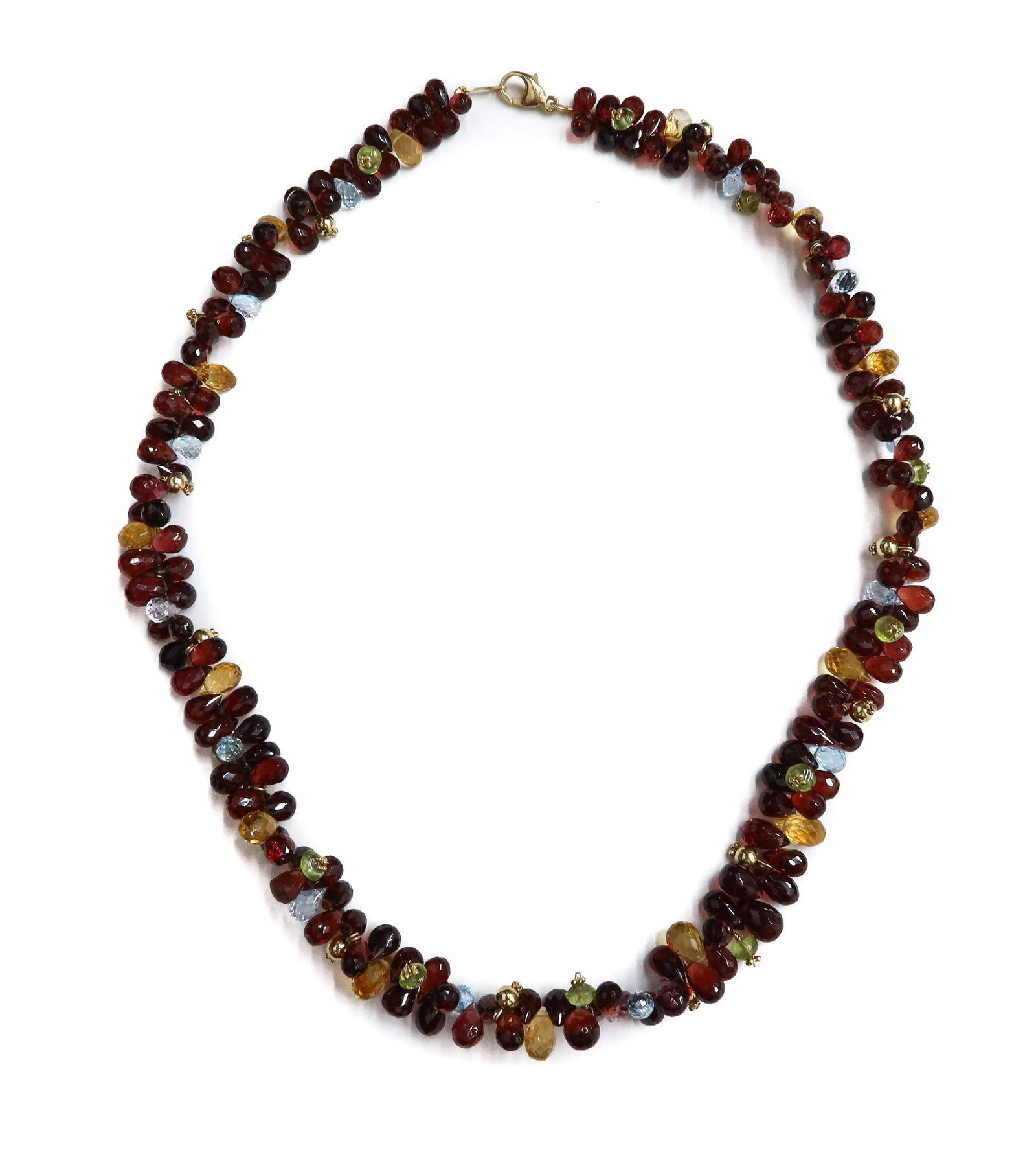 14k Yellow Gold Garnet Citrine Peridot and Topaz Necklace: 14k Yellow Gold Garnet Citrine Peridot and Topaz Necklace. Faceted teardrops consisting of various gems including garnets, citrines, peridots, and topaz. Marked 585 to clasp. Weight Approx., 44.47 gra