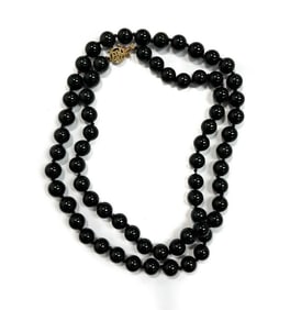 Black Onyx Single Strand Necklace 10.5 mm 14k Gold