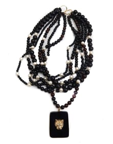 14k Yellow Gold Black and Red Garnet Multistrand Necklace, Jaguar Pendant