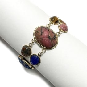 14k Yellow Gold Carnelian Rose Quartz Lapis Lazuli Scarab Bracelet