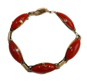 Ming's 14k Yellow Gold Red Coral Cabochon Bracelet