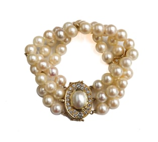14k Yellow Gold Cultured Pearl and Diamond 3 Strand Bracelet
