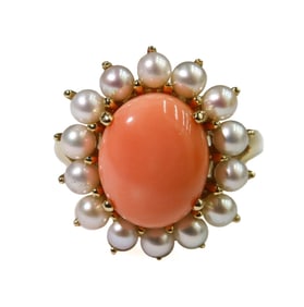 14k Yellow Gold Coral and Cultured Pearl Ring Size 7.75