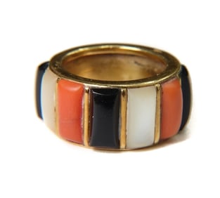 Cartier Paris 18k Yellow Gold Onyx Coral Mother of Pearl Band Ring Size 4 c1970