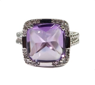 14k White Gold Cabochon Amethyst and Diamond Ring Size 7