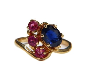 14k Yellow Gold Sapphire and Pink Topaz Ring, Size 5