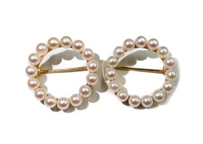 Pair 14k Yellow Gold and Cultured Pearl Round Pin Brooches