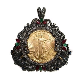 18k Yellow Gold Diamond Emerald Ruby and Sapphire 1928 Liberty Coin Pin Pendant