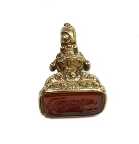 14k Yellow Gold and Carnelian Intaglio Cut Wax Seal Stamp Fob 19th Century