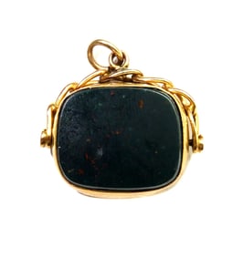 Able & Charnell Birmingham 9k Yellow Gold Bloodstone and Carnelian Spinning Fob