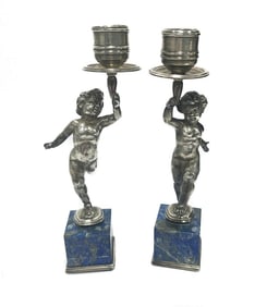 Pair Buccellati Italian Sterling Silver Lapis Lazuli Veneered Candlesticks