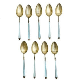 9 Watson Company American Gilt Sterling Silver Blue Enameled Spoons c 1920