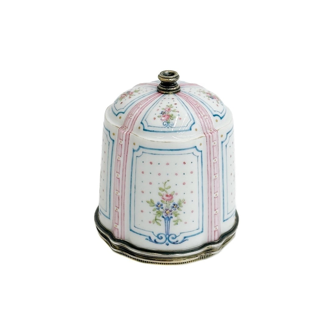 Gustave Keller French Gilt Sterling Silver Mounted Porcelain Atomizer Cover: Gustave Keller French Gilt Sterling Silver Mounted Porcelain Atomizer Cover, circa 1900. Porcelain body with hand painted decoration, gilt silver mounts. Underside marked G Keller Paris, Minerva 950 f