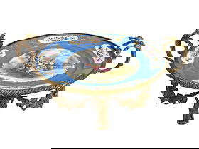 Sevres Porcelain Hand Painted Gilt Bronze Mounted Twin Handled Dish c1900: Sevres porcelain hand painted gilt bronze mounted twin handled dish, circa 1900. A sky blue ground with hand painted florals to rim and a courting scene to center. Mounted to a gilt bronze swag mounte