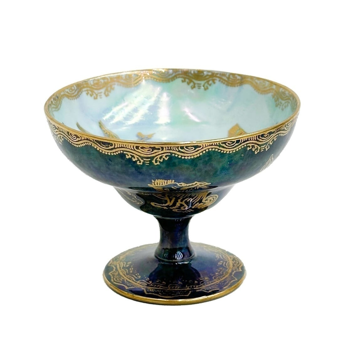 Wedgwood England Dragon Phoenix Lustre Porcelain Melba Cup Z4831: Wedgwood England Dragon Lustre Porcelain Melba Cup, circa 1920. A mottled blue exterior with dragons, opalescent interior decorated with phoenix. Underside marked Wedgwood England Z4831 Weight: Approx