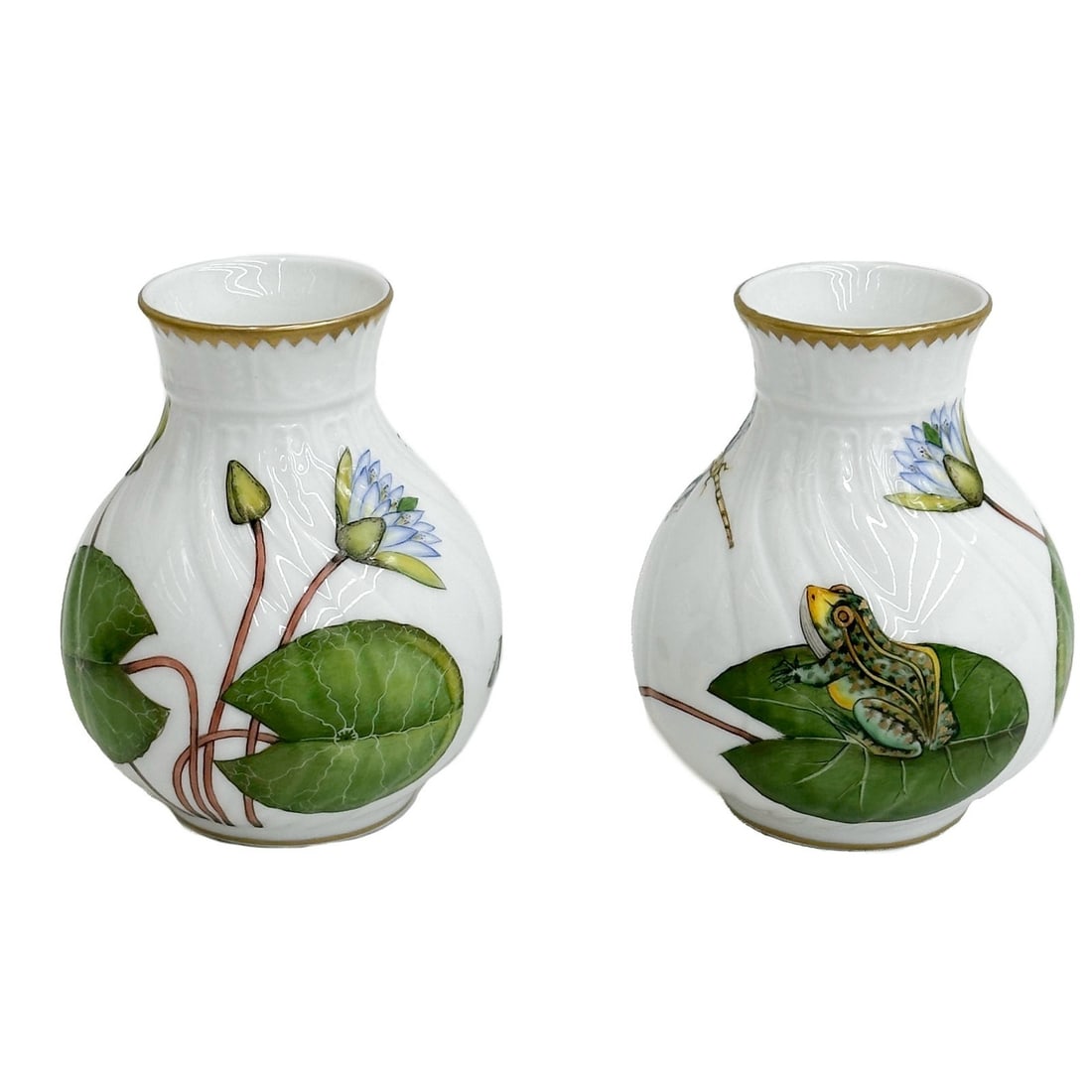 Pair Anna Weatherley Hungary Painted Porcelain Bud Vases Waterlily Seascape Frog (1 of 8)