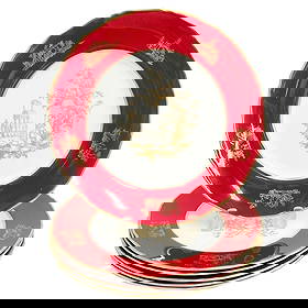 6 Royal Worcester Gilt Porcelain Dinner Plates Red 1950: 6 Royal Worcester Gilt Porcelain Dinner Plates, 1950. A red ground to the edge, gilt garden scene to the center. Underside with Royal Worcester porcelain marks. Weight: Approx. 8.5 lbs Measurements: A